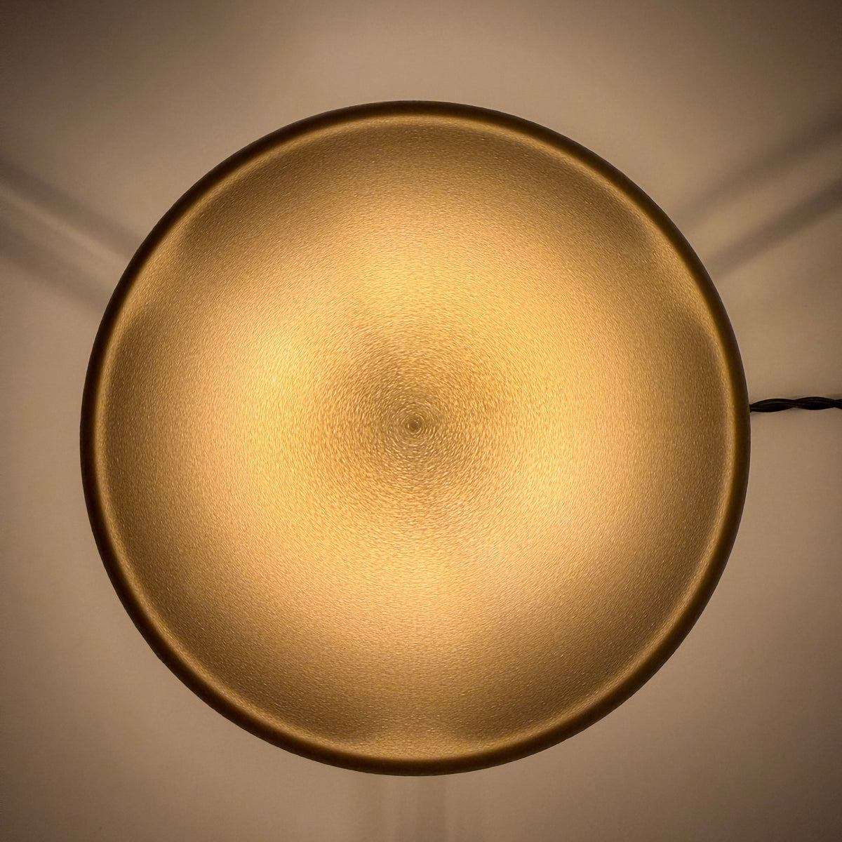 The cream cap seen from directly above, warm light spreading from the centre to a soft dark rim